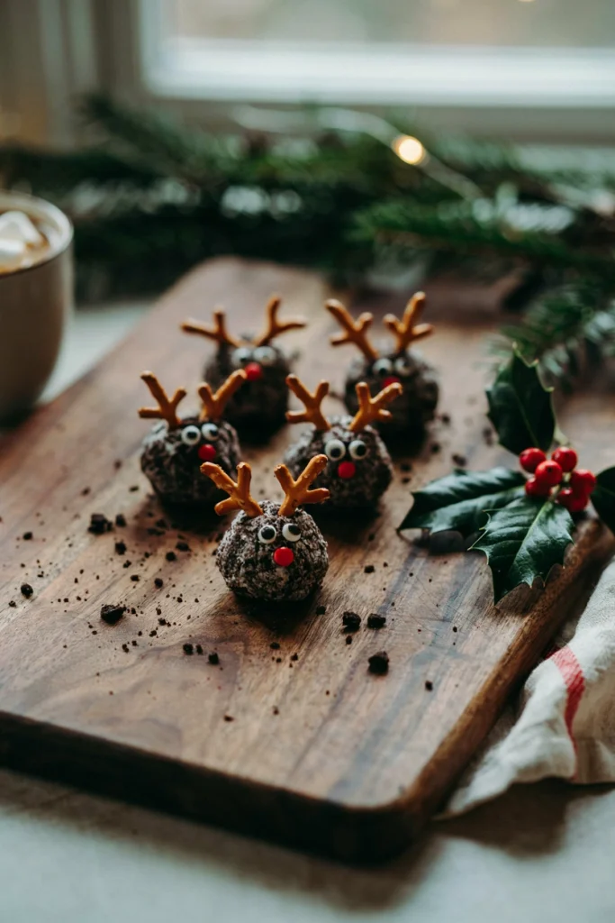 Chocolate-covered Oreo truffles with pretzel antlers and candy eyes styled as reindeer