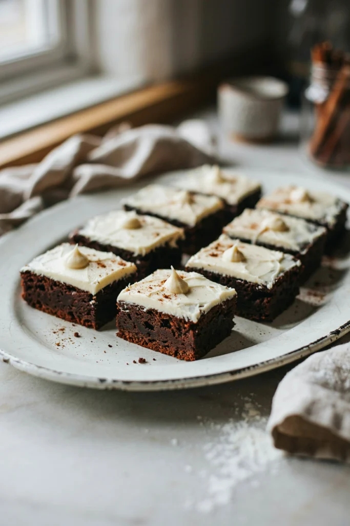 Soft spiced gingerbread bars topped with swirled cream cheese frosting, cut into squares and dusted with a little cinnamon