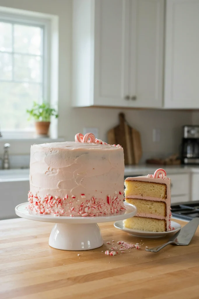 Three-layer peppermint cake with pink buttercream and a crushed candy cane border