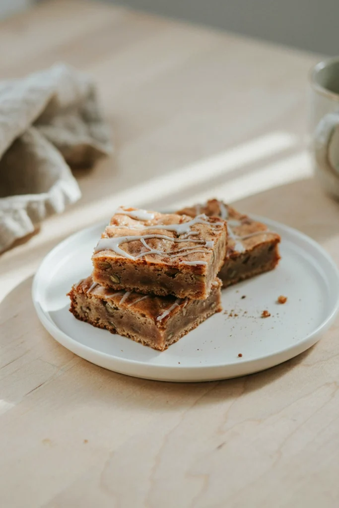 Warm-toned spiced blondies with a light glaze, cut into squares and dusted with cinnamon