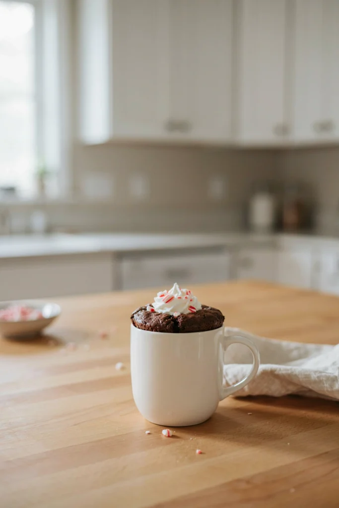 A single mug cake topped with crushed candy cane and a small scoop of whipped cream