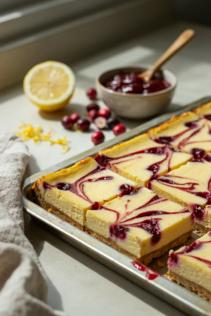 Creamy cheesecake bars swirled with bright lemon and cranberry sauce, cut into squares on a graham cracker crust