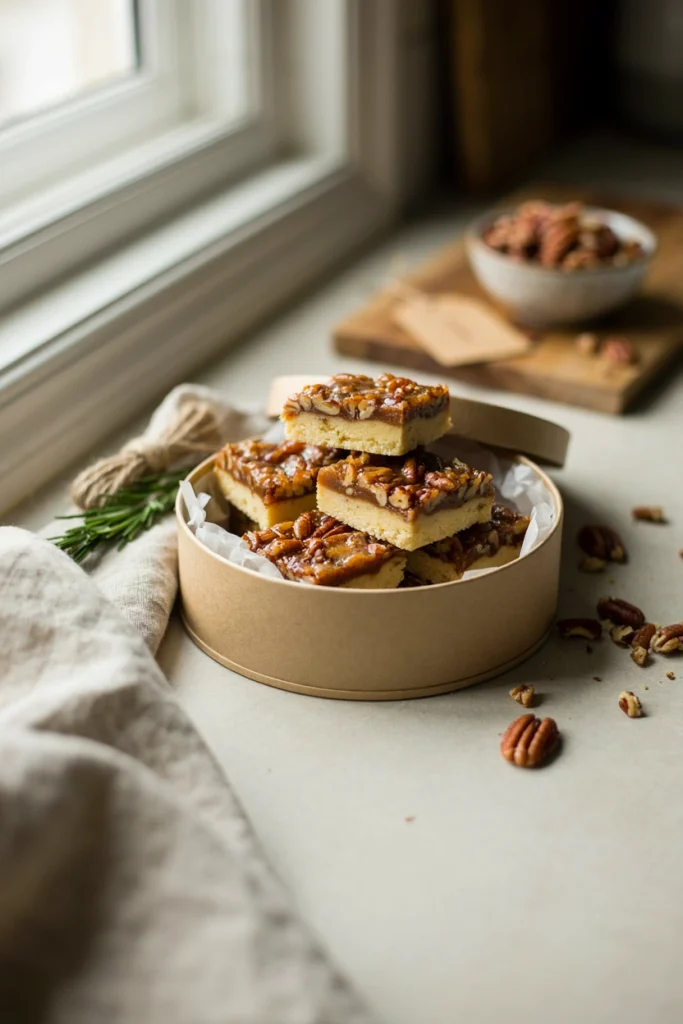 Buttery shortbread bars topped with a caramelized pecan layer, cut into neat rectangles