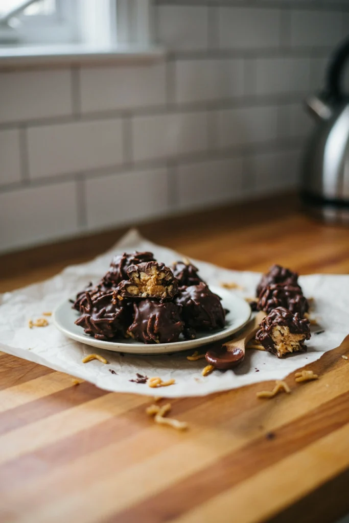 Chocolate peanut butter haystack clusters with visible chow mein noodle texture