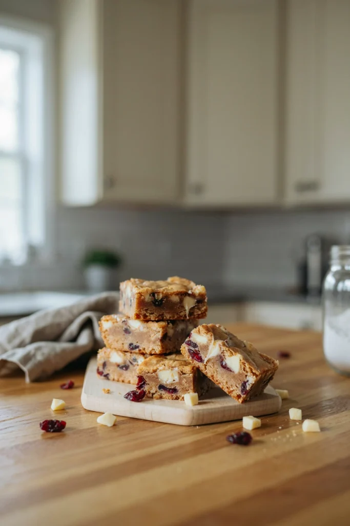 Blondie bars with visible white chocolate chunks and red cranberries throughout