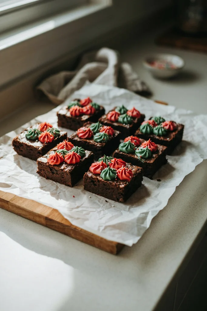 Fudgy brownies topped with a thick swirl of red and green tinted frosting, cut into squares