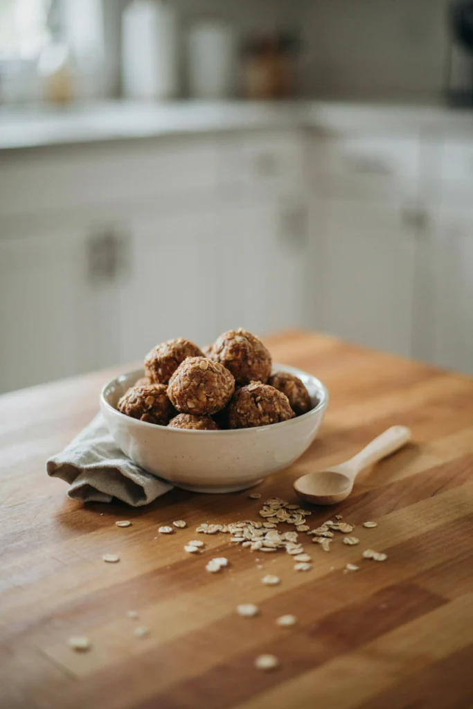 Small oat-based bites with a light cinnamon dusting stacked in a bowl