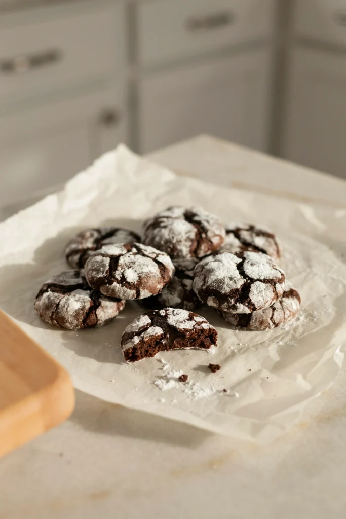Deep chocolate crinkle cookies dusted heavily in powdered sugar, cracks showing the fudgy interior