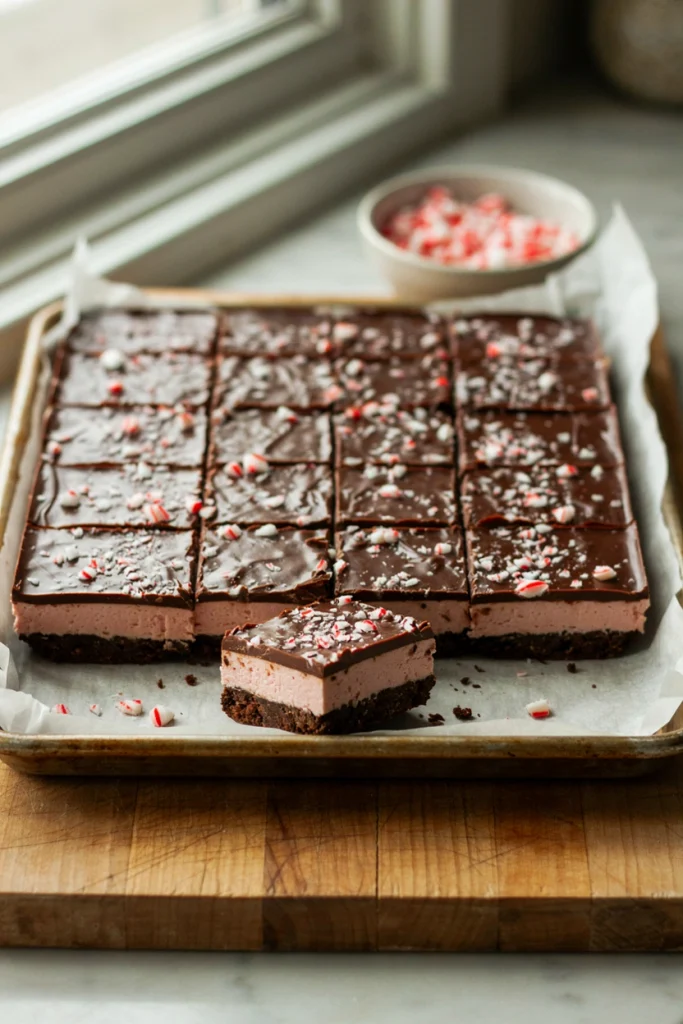 Layered bars with a chocolate cookie base, a thick layer of mint filling, and a hard chocolate shell on top, cut to show the pink-tinted middle layer