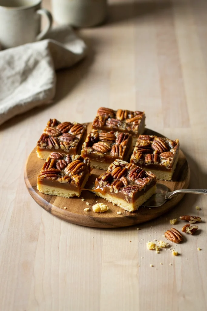 Golden shortbread crust topped with a glossy pecan filling studded with whole pecan halves, cut into neat bars