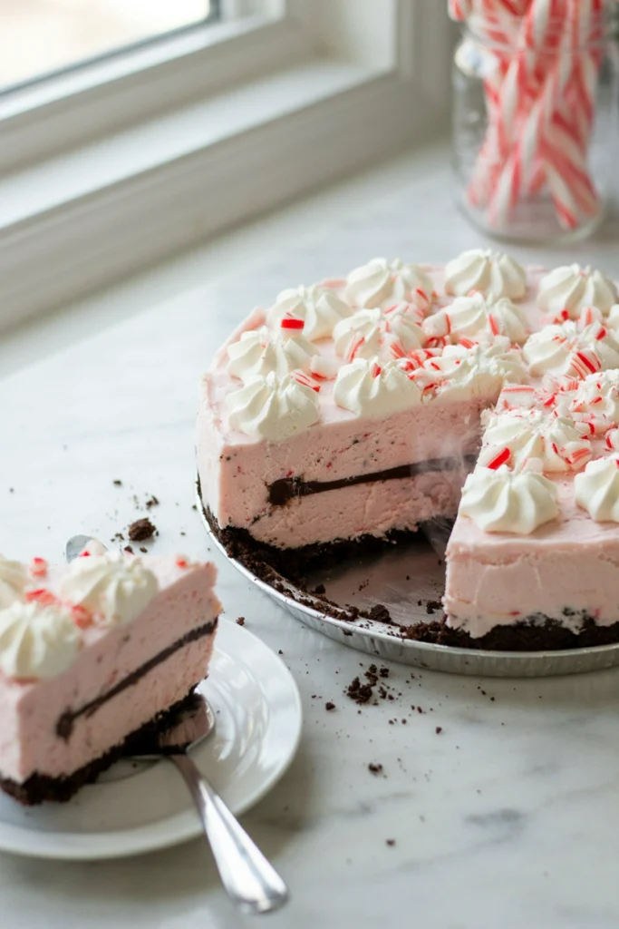 Frozen peppermint ice cream pie with swirled filling and candy cane topping