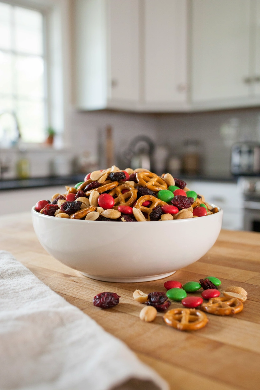A festive trail mix bowl with pretzels, M&Ms, and dried cranberries mixed together
