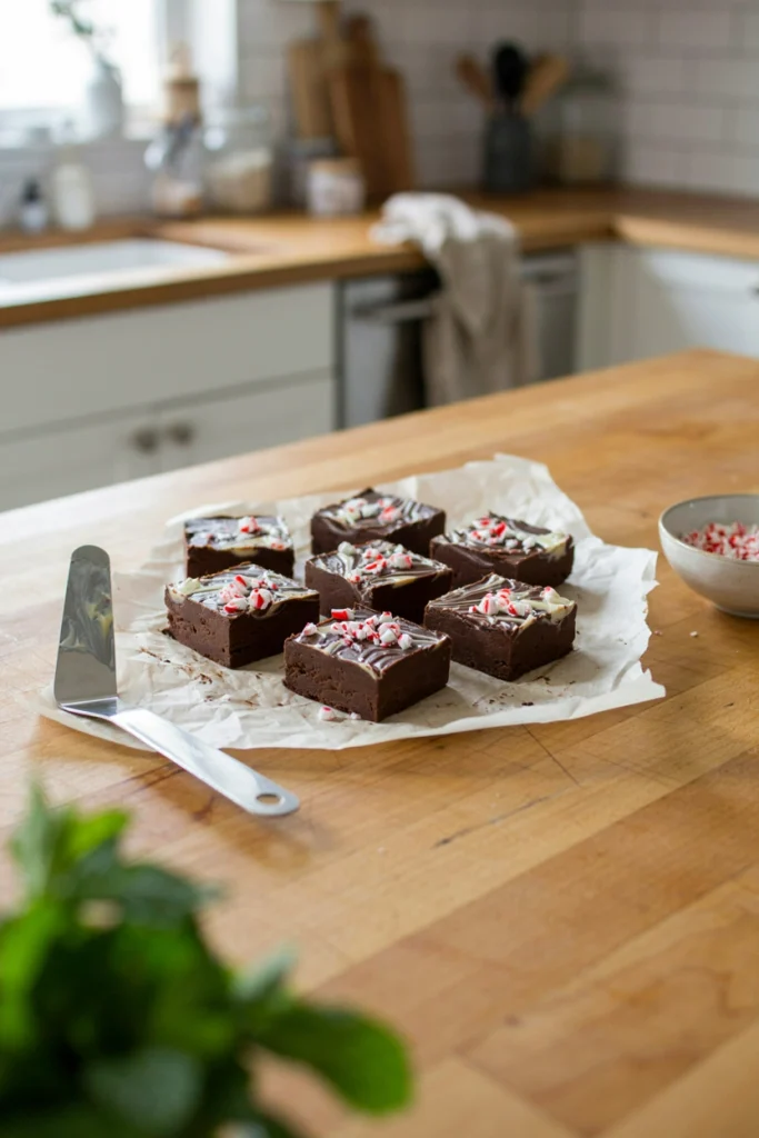 Red and white swirled fudge topped with crushed candy cane