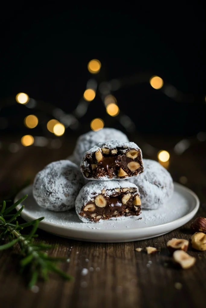 No-bake snowball cookies rolled in powdered sugar with a chocolate hazelnut center, stacked