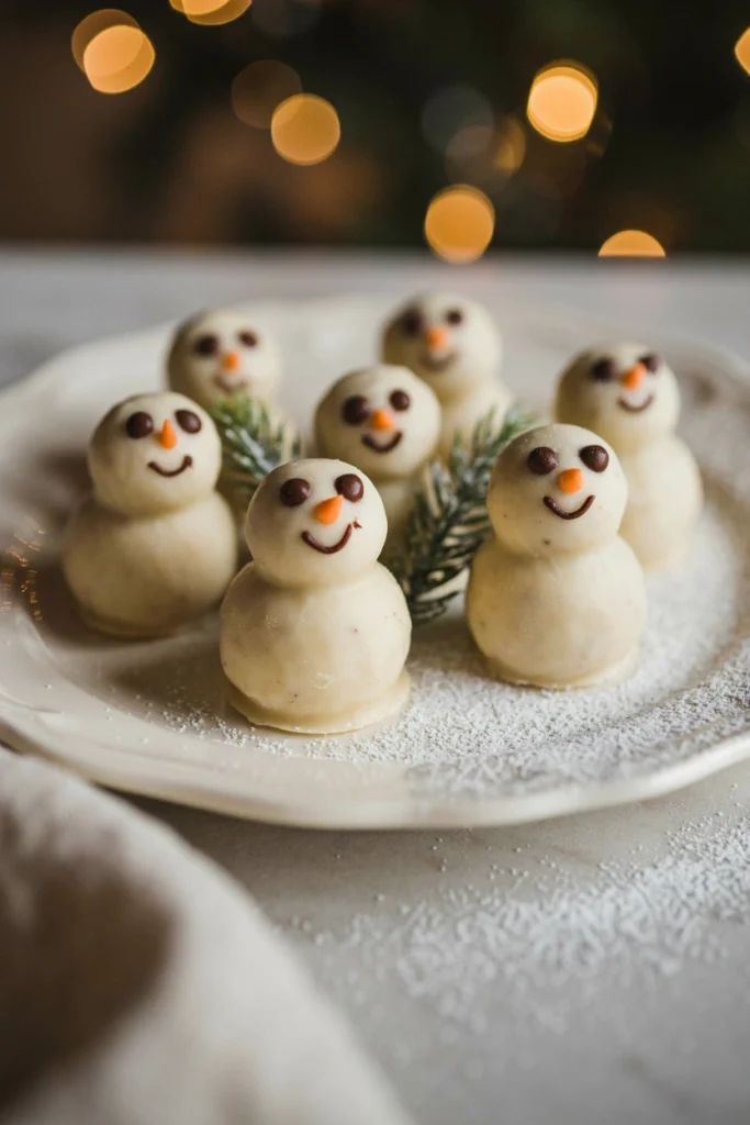 White chocolate-coated Oreo truffles decorated as snowmen with candy eyes and orange noses
