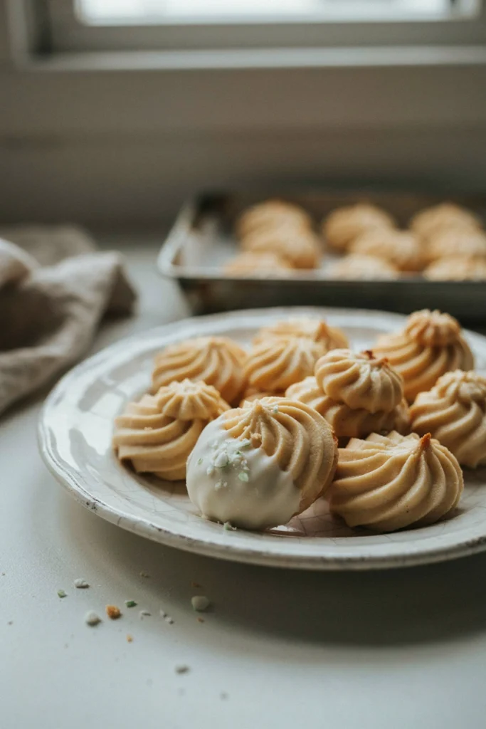 Piped peppermint whipped shortbread cookies dipped in white chocolate and crushed candy cane