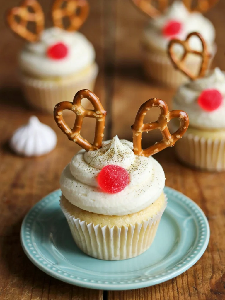 Chocolate frosted cupcakes decorated as reindeer with pretzel antlers, candy eyes, and a red nose