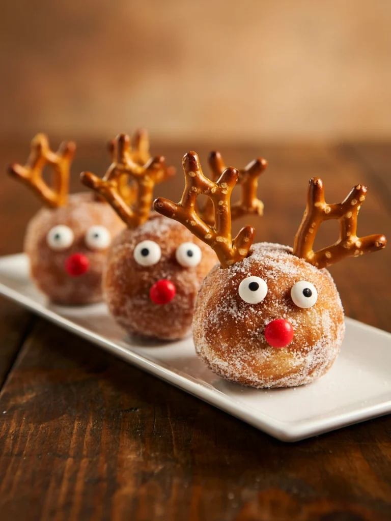 Chocolate glazed donut holes decorated as reindeer with pretzel antlers and candy eyes on a platter
