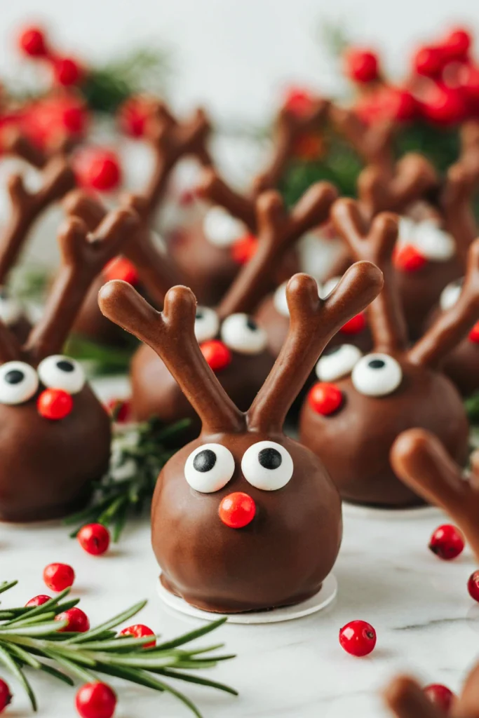 Powdered sugar-coated snowball cookies with tiny pretzel antlers and candy eyes peeking through