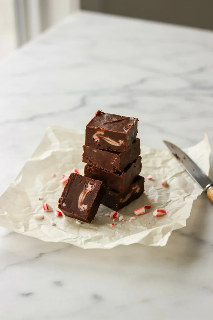 Dark peppermint chocolate freezer fudge squares with candy cane dusting