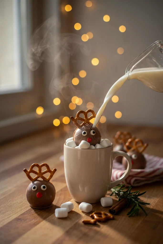 Chocolate hot cocoa bomb decorated as a reindeer sitting in a mug, ready to melt with warm milk