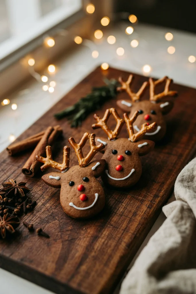 Spiced gingerbread cookies shaped like reindeer faces with white icing details and pretzel antlers