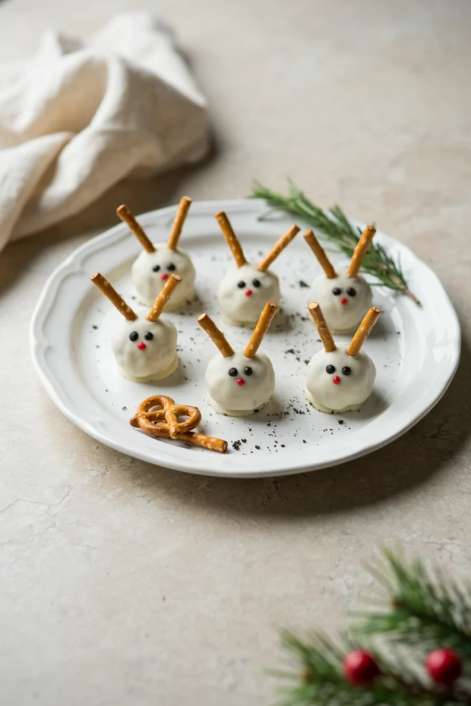 White chocolate-dipped Oreo truffles decorated as reindeer with pretzel antlers and candy eyes