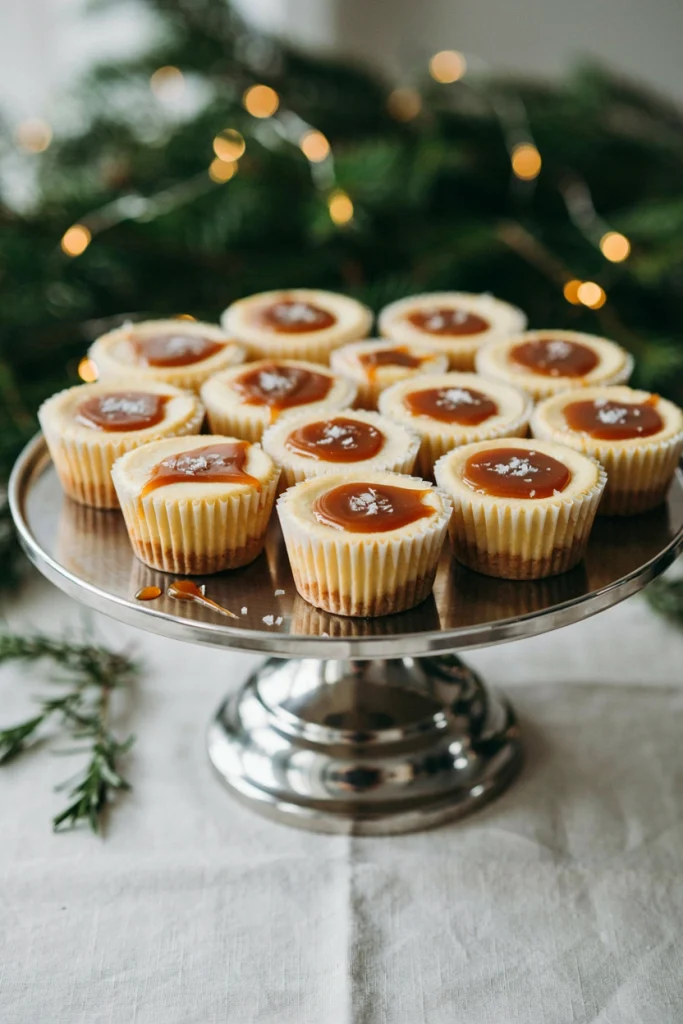 Individual cheesecakes in cupcake liners topped with a pool of amber caramel and a light sprinkle of flaky sea salt.
