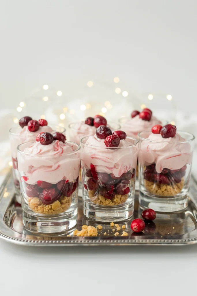 Glass cups layered with pink-streaked whipped cream, roasted cranberries, and buttery shortbread crumbs, garnished with a mint leaf.