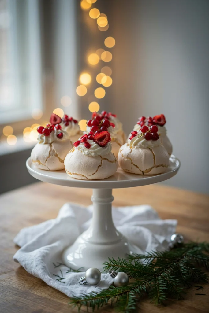 Individual meringue nests with crisp shells and marshmallowy centers, piled high with whipped cream and a tumble of pomegranate seeds and raspberries.
