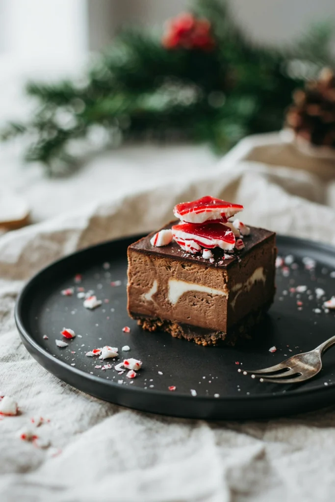 A slice of dense chocolate cheesecake topped with shards of red and white peppermint bark, on a dark plate with crumbs of crushed candy cane scattered around.