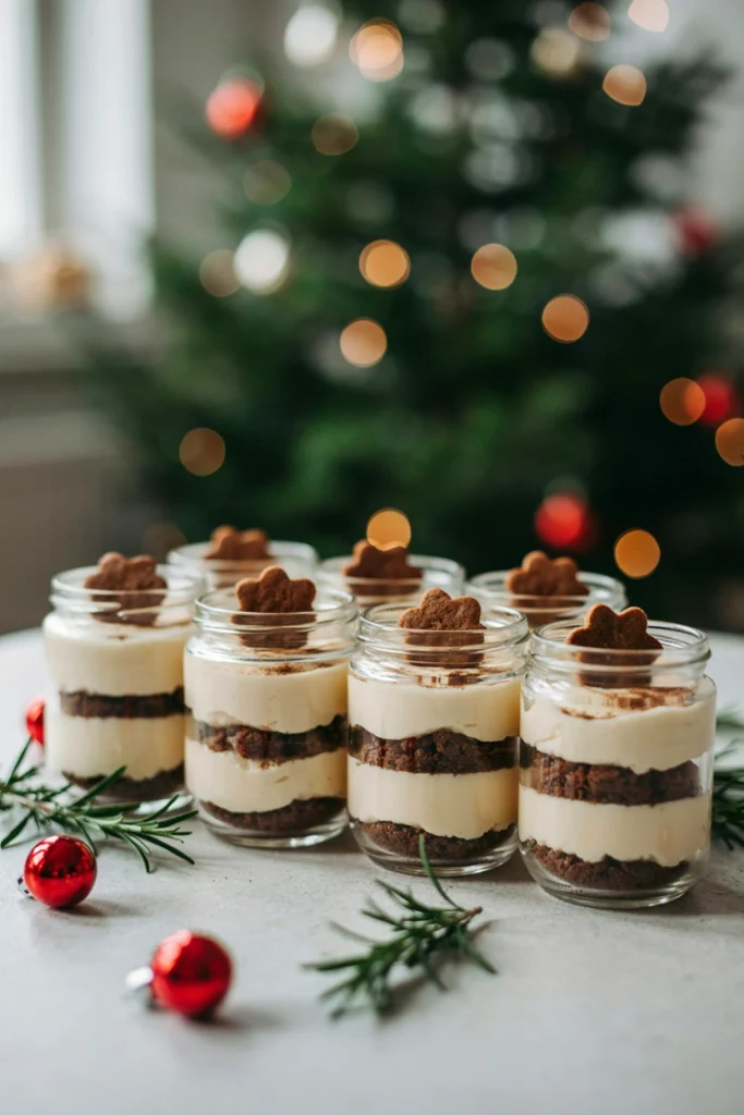 Layered mason jars with a gingerbread cookie crumb base and fluffy spiced cheesecake filling, topped with a gingerbread cookie garnish.