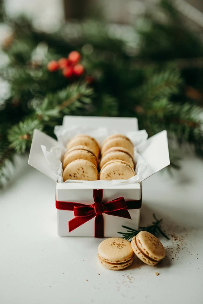 Soft yellow macaron shells dusted with a whisper of nutmeg, sandwiched with a pale custard-colored filling, arranged in a gift box.