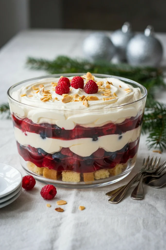 A large glass trifle bowl with visible layers of sponge cake, raspberry jam, custard, and whipped cream, topped with toasted almonds.