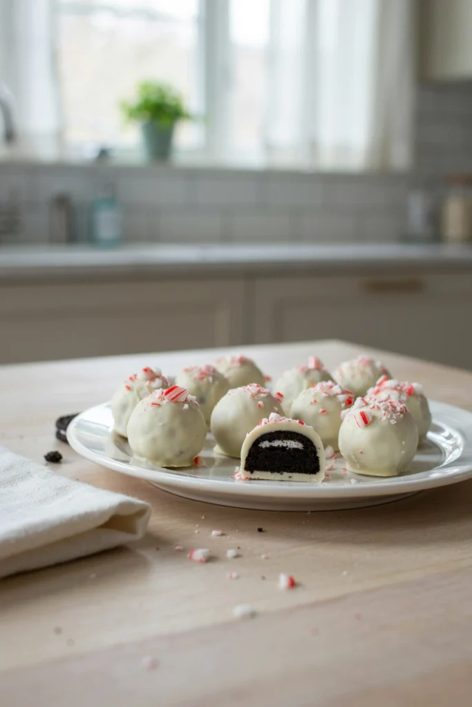 White chocolate coated Oreo truffles crushed with crushed candy cane on top, red and white swirl visible