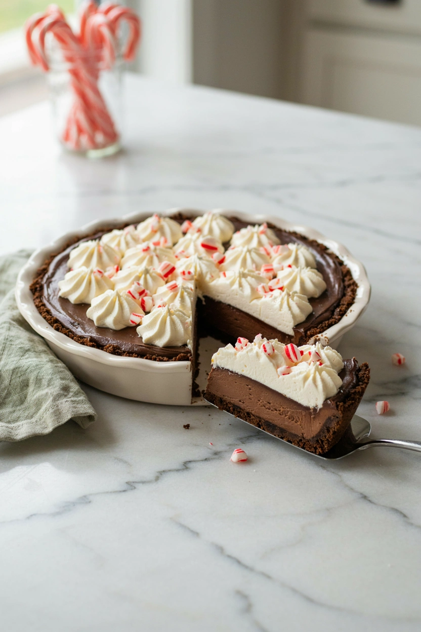 Slice of peppermint chocolate cream pie with layers of pudding and whipped cream