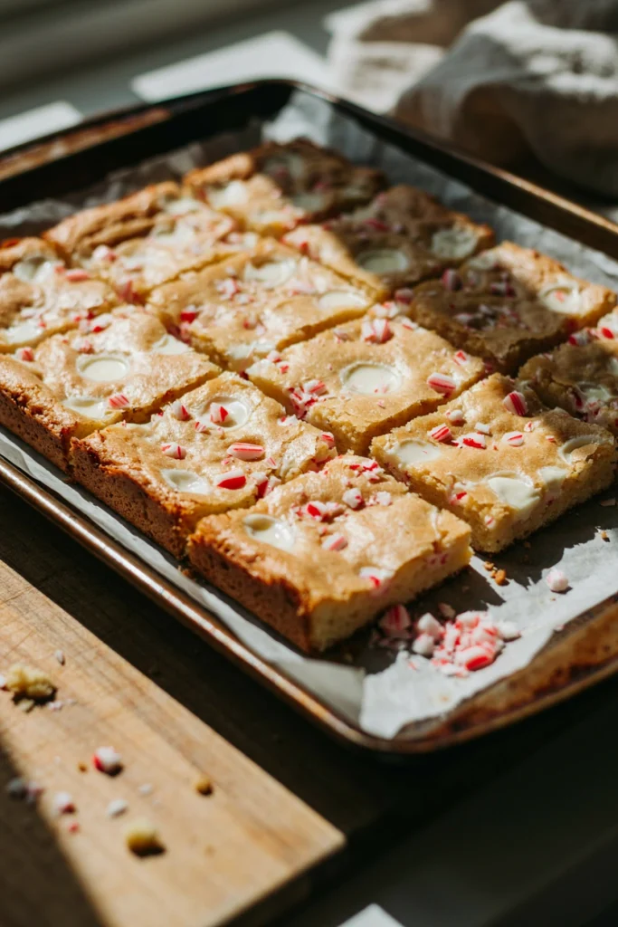 Pale blondies loaded with chunks of candy cane and white chocolate, cut into squares