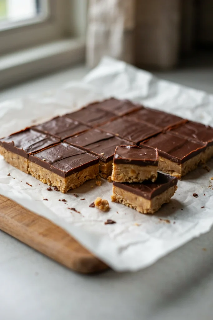 Thick no-bake bars with a peanut butter graham layer topped with smooth chocolate, cut into squares