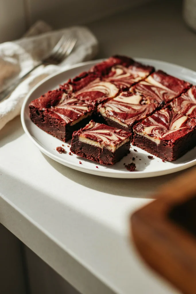 Deep red brownie batter swirled with white cheesecake batter, baked and cut into squares showing the marbled top
