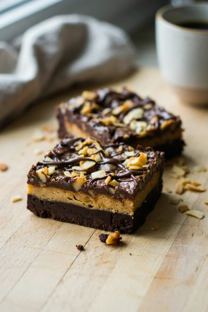 Fudgy brownies topped with a coconut layer and toasted almonds, finished with a chocolate drizzle, cut into squares