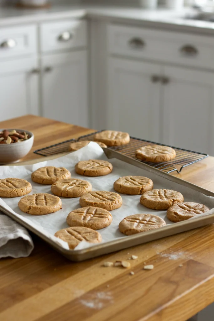 Simple almond butter cookies with fork-crossed tops on a cooling rack