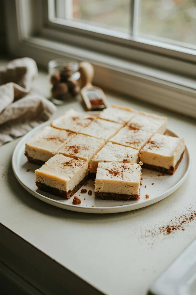 Creamy no-bake cheesecake bars with a gingersnap crust, dusted with nutmeg, cut into squares