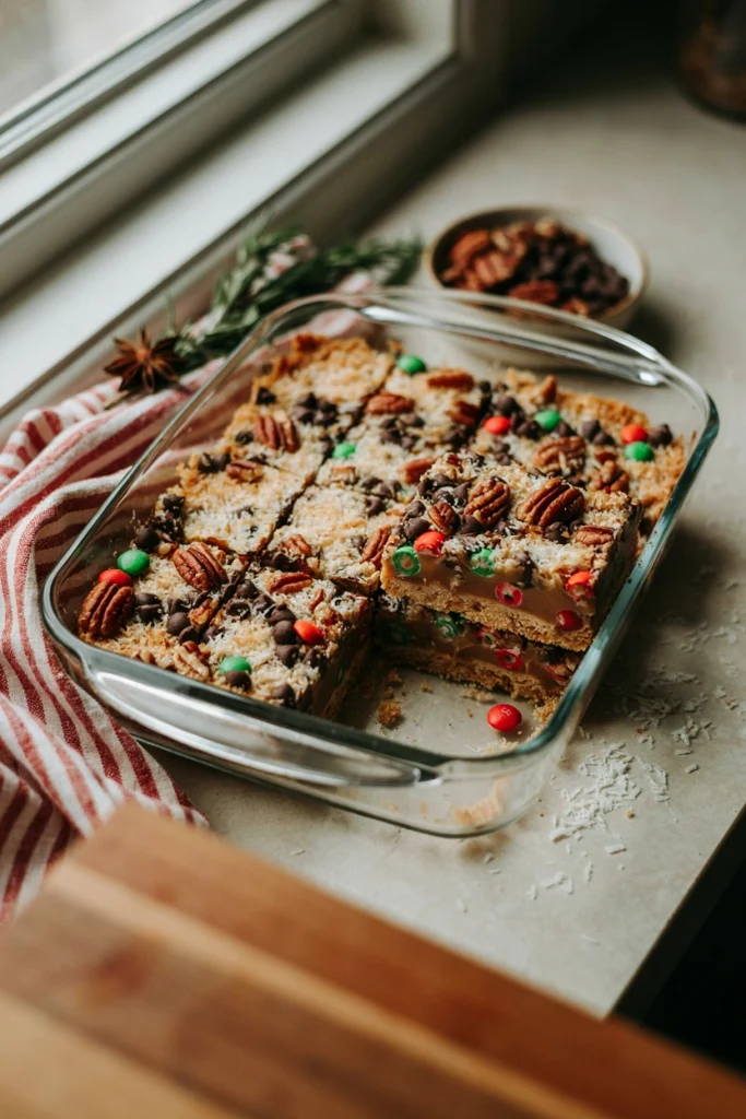 Layered magic bars packed with coconut, pecans, red and green M&Ms, and chocolate chips, drizzled with sweetened condensed milk, cut into squares
