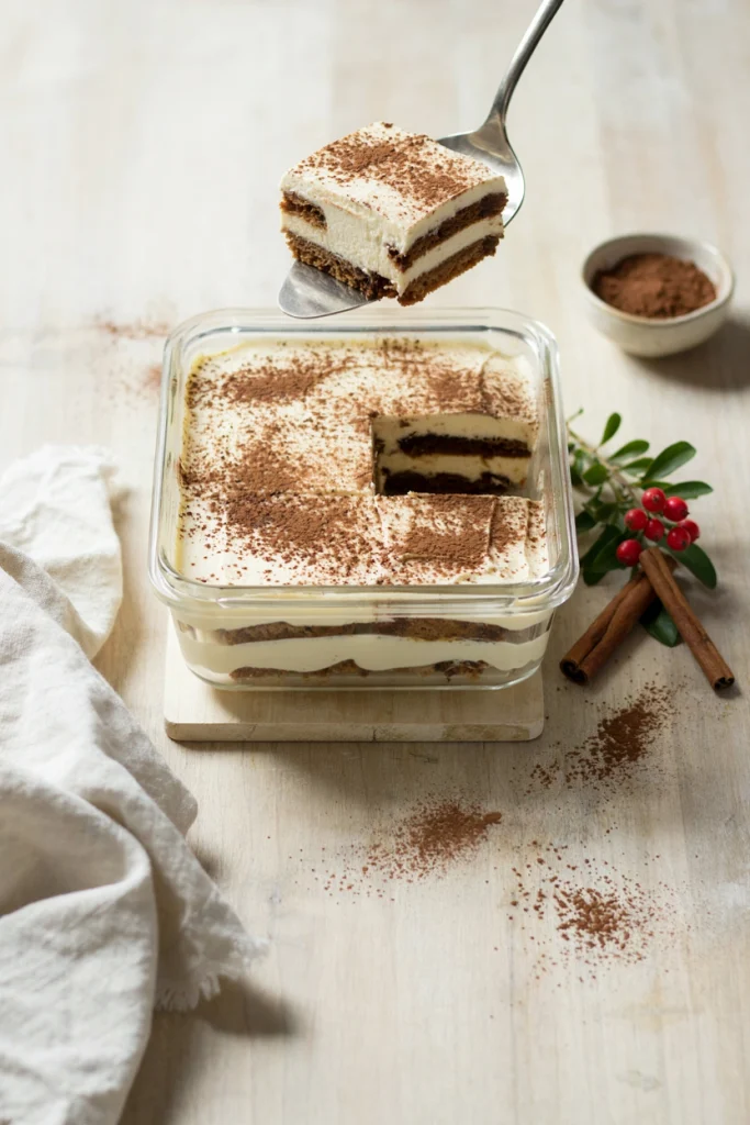 A layered dessert in a glass dish showing gingerbread cookies soaked in spiced coffee, alternating with mascarpone cream, dusted with cocoa.