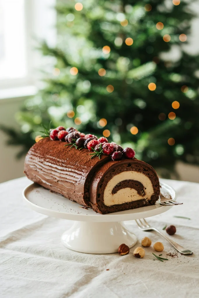 A rolled chocolate sponge cake dusted with cocoa 'bark' texture, sliced to show a swirl of hazelnut cream, topped with sugared rosemary sprigs as 'pine needles.'
