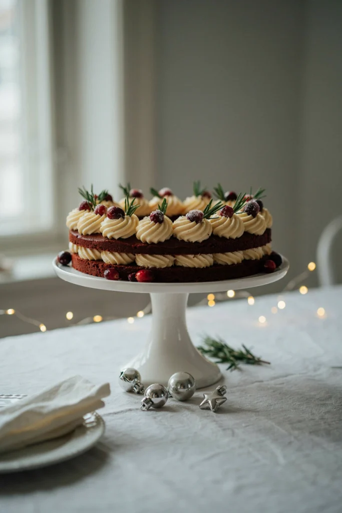 A ring-shaped red velvet cake piped with cream cheese frosting rosettes and decorated with sugared cranberries and rosemary sprigs to mimic a holiday wreath.