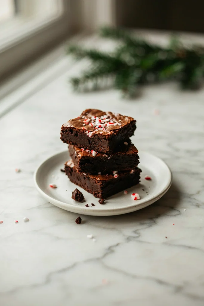 A stack of thick, dark brownies with a shiny crackly top, cut open to show a dense fudgy interior studded with crushed candy cane pieces