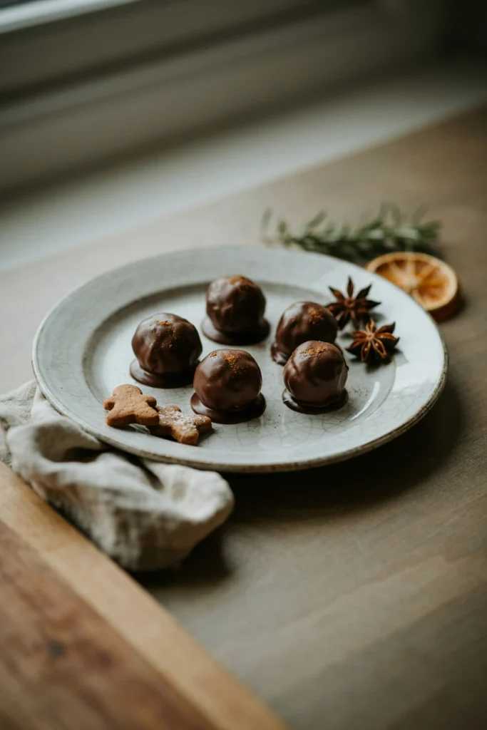 Egg-free gingerbread cookie dough truffles coated in melted chocolate with a cinnamon dusting