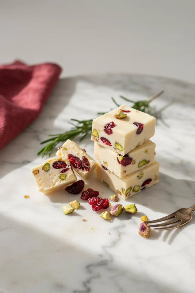 Squares of white chocolate fudge studded with dried cranberries and pistachios, stacked