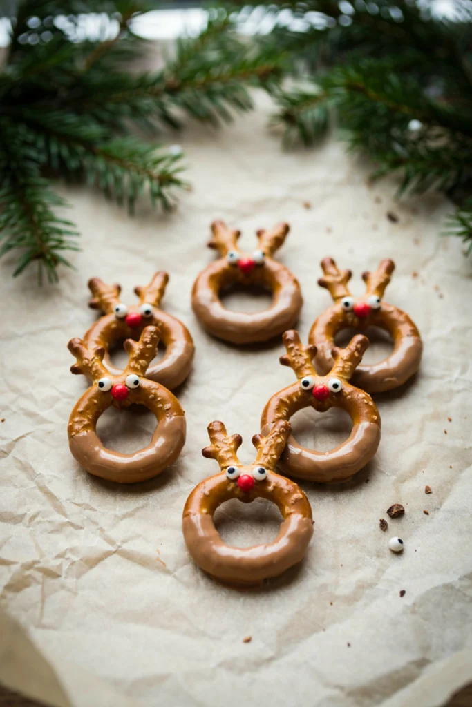 Pretzel rings dipped in chocolate and decorated as tiny reindeer wreaths